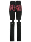 FLAME PRINT STITCHING METAL BUCKLE HIGH WAIST JEANS