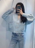 WOMEN FASHION RHINESTONE BUTTONS LOOSE KNITTED CARDIGAN