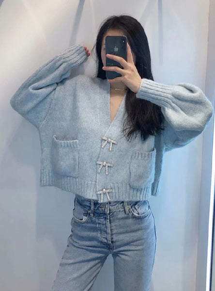 WOMEN FASHION RHINESTONE BUTTONS LOOSE KNITTED CARDIGAN