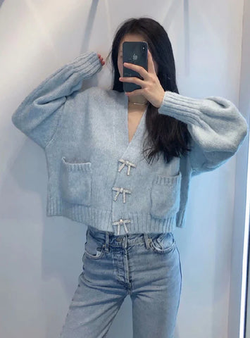 WOMEN FASHION RHINESTONE BUTTONS LOOSE KNITTED CARDIGAN