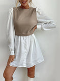 ROUND NECK BUBBLE SLEEVE STITCHING SHIRT DRESS