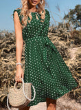 POINT SLEEVELESS LACE-UP PLEATED DRESS