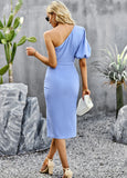 SINGLE DIAGONAL SHOULDER SOLID COLOR DRESS