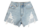 DENIM HIGH WAIST ABRASION IRREGULAR BURRS SHORTS