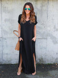 WOMEN'S POCKET LONG DRESS SHORT SLEEVE SPLIT MAXI DRESSES
