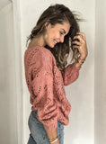 WOMEN SOLID COLOR HOLLOW V-NECK SWEATER