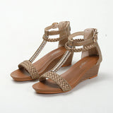 WOVEN BACK ZIPPER WEDGE SANDALS