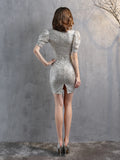 V-NECK SHORT SLEEVE SEQUINS PARTY DRESS