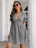 PLAID DEEP V-NECK BUBBLE SLEEVE A-LINE DRESS
