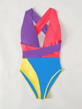 COLOR-MATCHING LACE-UP BACKLESS ONE-PIECE SWIMSUIT