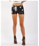 PU LEATHER PANTS ELASTIC METAL HOLE ROPE SHORTS