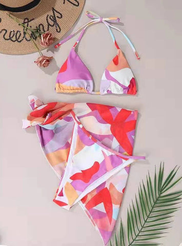 THREE-PIECE COLOR MATCHING HALTER BEACH BIKINI