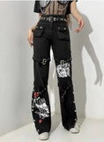 PRINTED SLIT POCKETS STRAIGHT PANTS JEANS