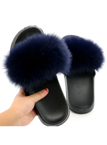 NAVY-BLUE CASUAL RACCON FUR SANDALS FURRY FLUFFY PLUSH SHOES