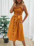 WOMEN BOW BUTTON SLEEVELESS SPAGHETTI STRAP DRESS