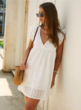 OUT V NECK BUTTERFLY SLEEVE HOLLOW LACE DRESS