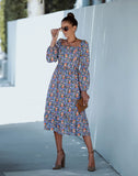 SQUARE COLLAR LONG SLEEVE PRINT DRESS