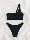 BLACK ONE-SHOULDER SPLIT BIKINI