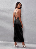 SATIN SPLIT BACKLESS SUSPENDER DRESS