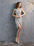 WOMEN SHORT V-NECK SEQUINS PARTY DRESS