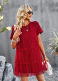 MESH STITCHING ROUND NECK SOLID COLOR DRESS