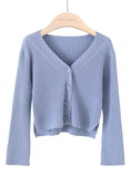 SHORT LONG SLEEVES BREASTED SOLID COLOR KNIT CARDIGAN