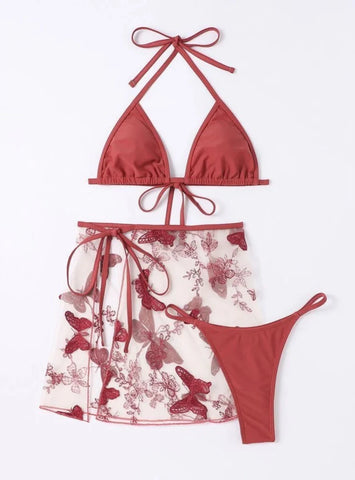 THREE-PIECE BUTTERFLY PRINTED MESH BIKINI