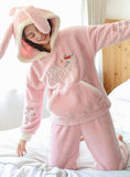 PINK HOODED LEOPARD FUR PAJAMAS WOMEN WINTER FLANNEL