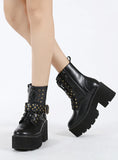 RETRO BELT BUCKLE RIVET THICK BOTTOM SIDE ZIPPER BOOTIES