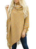OBLIQUE STRIPED HIGH NECKED FRINGED CAPE SHAWL SWEATER