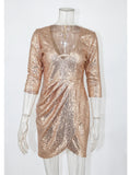 MINI V-NECK LONG SLEEVE SEQUINED DRESS