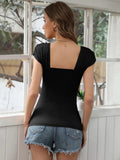 SQUARE NECK PLEATED SLIM SHORT SLEEVE T-SHIRT TOP