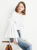 WOMEN BLOUSE FRILL SLEEVES O-NECK CASUAL SHIRTS