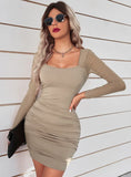 FASHION SQUARE COLLAR SLIM HIP DRESS
