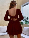 SQUARE COLLAR LONG SLEEVE RUFFLED MINI DRESS