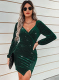 FASHION V-NECK LONG SLEEVE VELVET DRESS