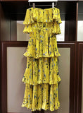Runway Yellow Dress Ruffle Pleated Printing Bohemian Long Dress