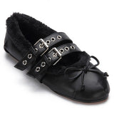 Cheap Black Lace-up Fleece Lined Flats with Buckle Fasten