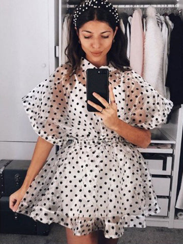 Tulle Lace Dot Print Dress Short Sleeve High Waist Lace-Up Beach Dress