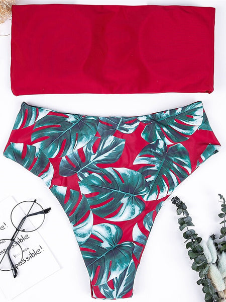 Swimwear Women Swimsuit High Waist Red Leaves Print Bandage Bikini