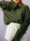 Women Cuff Tassel Round Neck Thick Needle Sweater