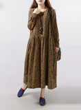 Women Vintage Floral Print Dress Long Sleeve O Neck Pockets