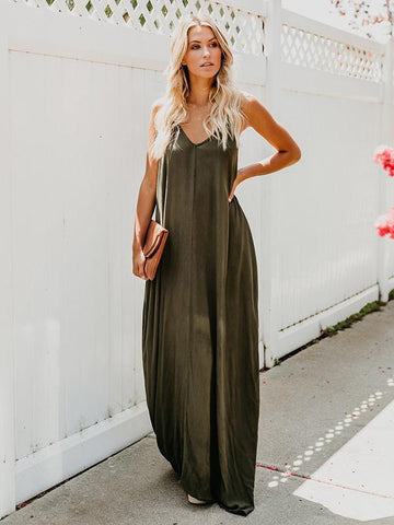 Army Green Simple Loose Spaghetti-neck Maxi Dress