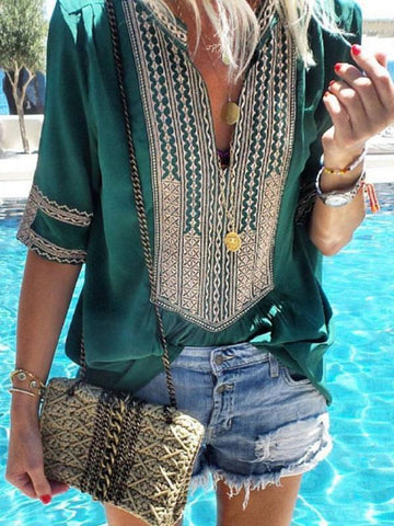 V-neck Floral Blouses&shirts Tops