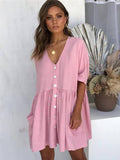 Half Sleeve V-neck Solid Ruffled Loose Mini Dresses