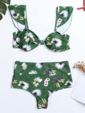 High Waist Tie Front Backless Printed Flounce Strap Bikinis Swimsuits 