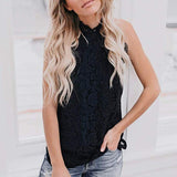 Women Lace Tops Casual Sleeveless/Long Sleeve O Neck Pleated Loose Hem Sexy Tank Top Blouse Shirt