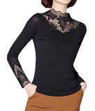 Women's Floral Lace Inner Tops Turtleneck Sheer Long Sleeve Sexy Blouse