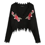 Women's Loose Long Sleeve V-Neck Ripped Pullover Knit Sweater Crop Top