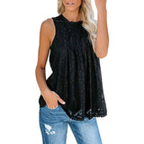 Women Lace Tops Casual Sleeveless/Long Sleeve O Neck Pleated Loose Hem Sexy Tank Top Blouse Shirt